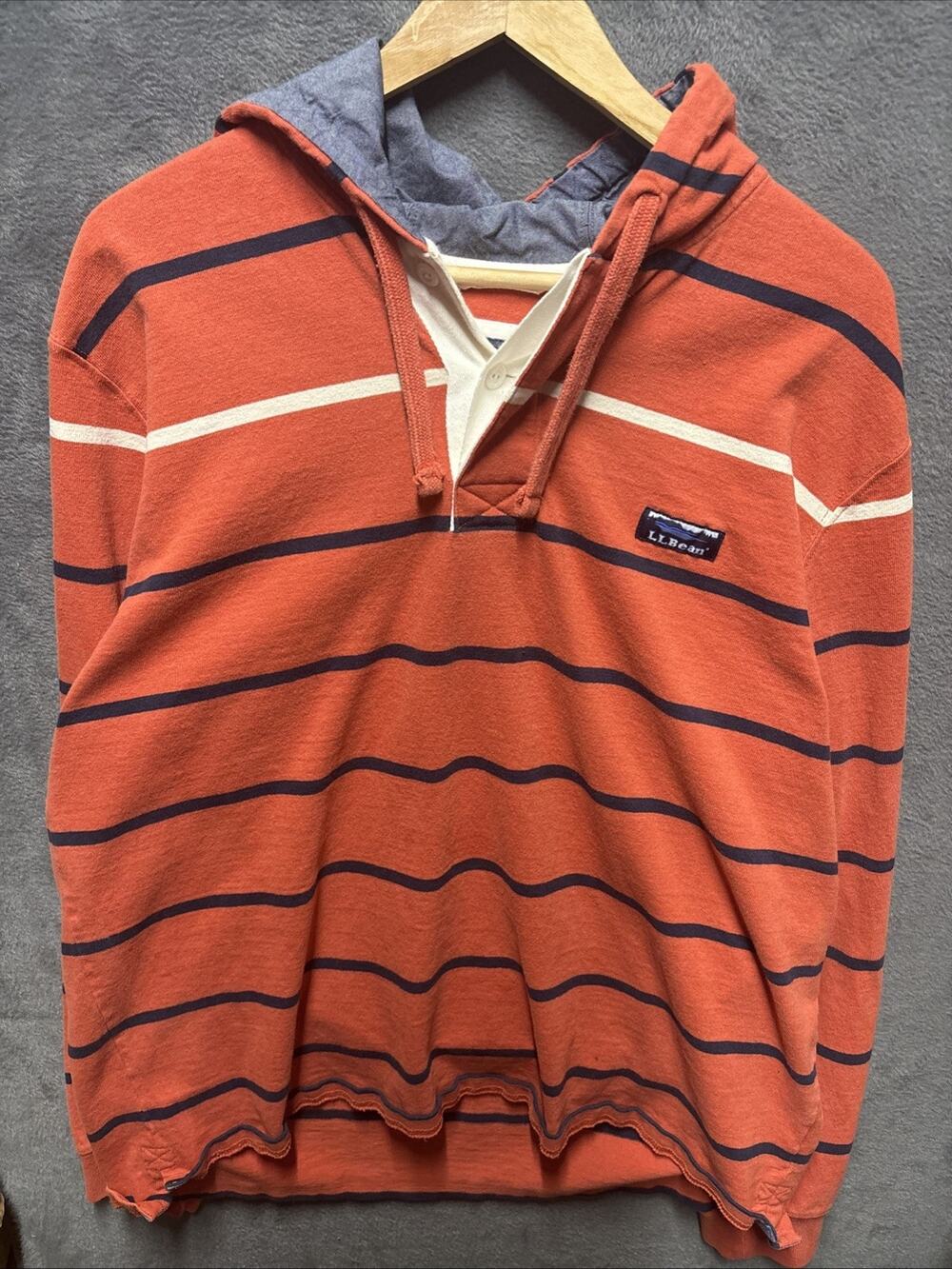 L.L Bean Y2K Striped Rugby Style Men’s Hooded Orange Shirt Size Large